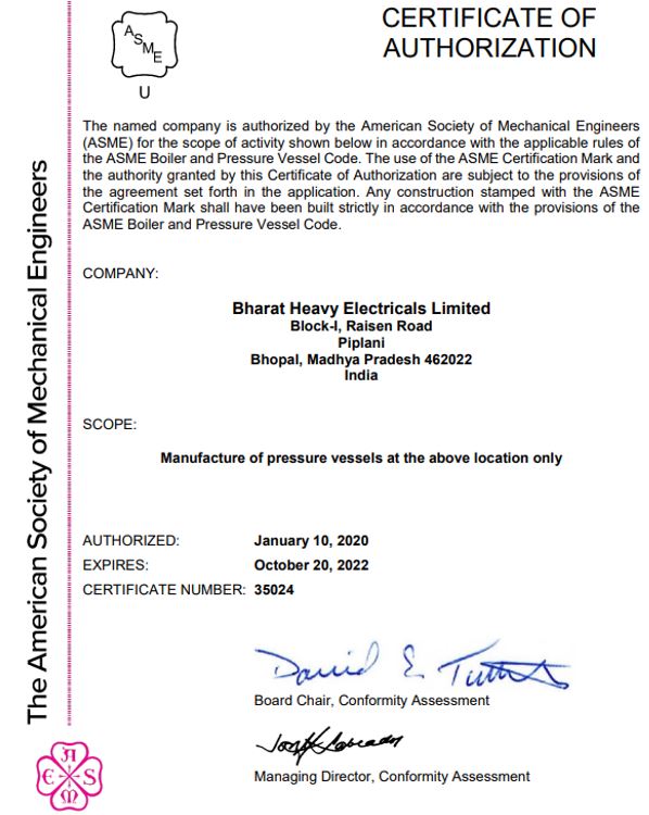 ASME certificate of Authorization